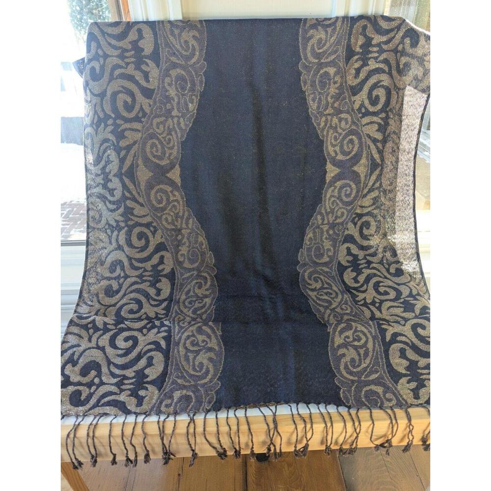 West Loop Pashmina Scarf Gold & Black 64" x 28" Shimmery, Fringe, Semi-sheer NWT